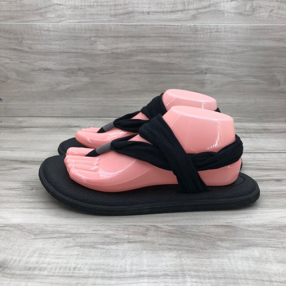 Sanuk Yoga Sandals Women's 9 Black Fabric Stappy Thong Slingback Flat Shoes